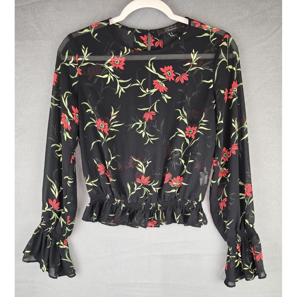Forever 21‎ Floral Sheer Blouse Small Black Red Ruffle Flounce Sleeve Romantic